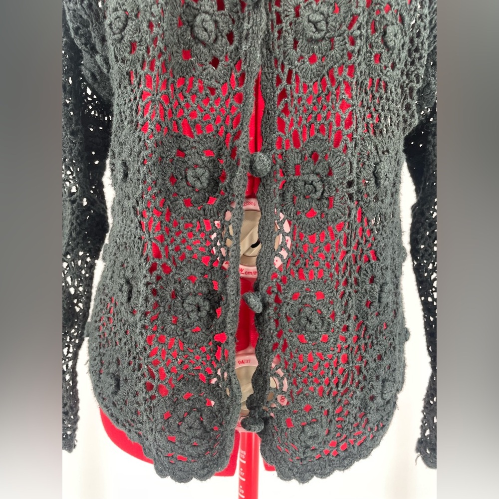 Vintage Hand Knit Gothic Black Floral Crocheted Cardigan Sweater / Open Knit - Picture 9 of 13